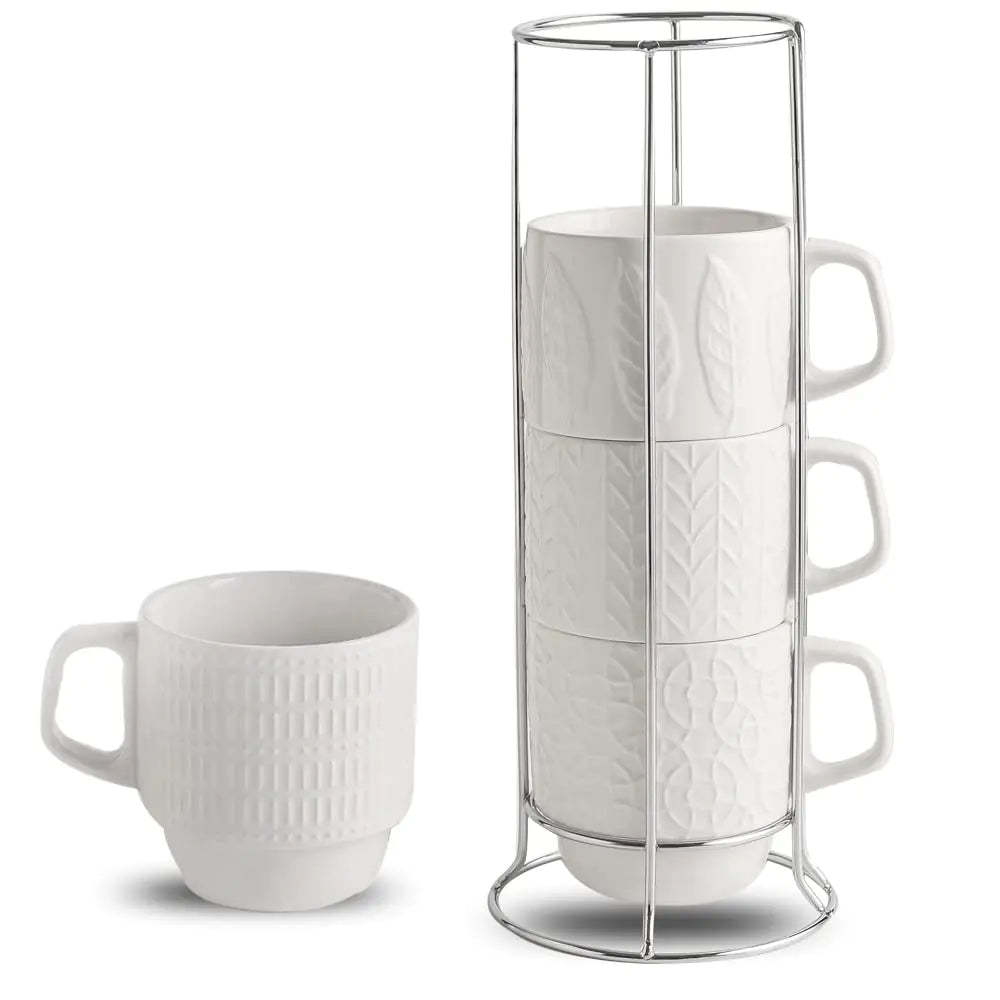 KOOV Ceramic Coffee Mug Set with Stand 16 oz Coffee Mug for Coffee Tea Cocoa Stackable Ceramic Coffee Cup Set of 4 Large Coffee Mugs for Women Men Big Coffee Mug Set of 4 (White)